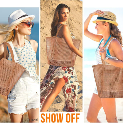 Beach Bags or Women, Summer Travel Mesh Tote Bag with Large Inner Pocket, Sandproo Woven Shoulder Handbag