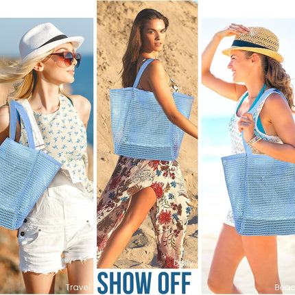 Beach Bags or Women, Summer Travel Mesh Tote Bag with Large Inner Pocket, Sandproo Woven Shoulder Handbag Swim Pool Bag, Suit or amily Vacation Essentials