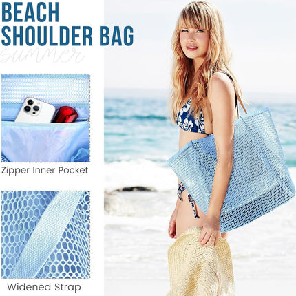 Beach Bags or Women, Summer Travel Mesh Tote Bag with Large Inner Pocket, Sandproo Woven Shoulder Handbag Swim Pool Bag, Suit or amily Vacation Essentials