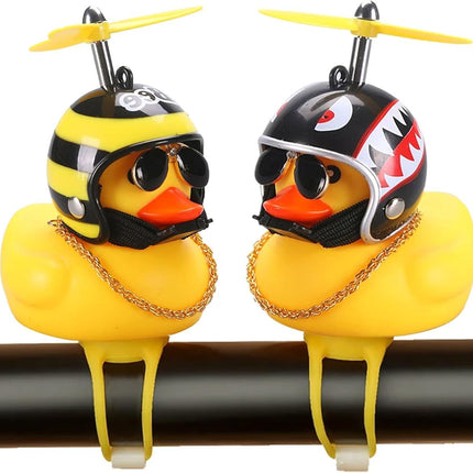 2 Pack Rubber Duck Car Ornaments, Yellow Duck Car Dashboard Decorations Squeeze Duck Bicycle Horns with Propeller Helmet,Bandage and Gold Chain