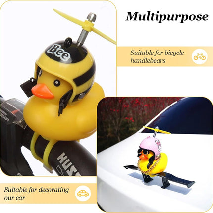 2 Pack Rubber Duck Car Ornaments, Yellow Duck Car Dashboard Decorations Squeeze Duck Bicycle Horns with Propeller Helmet,Bandage and Gold Chain