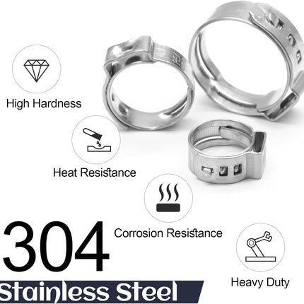 Biaungdo 50 Pcs 3/8 Inch PEX Cinch Clamps Crimp Rings, 304 Stainless Steel PEX Cinch Crimp Rings Pinch Clamps Single Ear Hose Clamp for PEX Tubing Pipe Fittings Connection