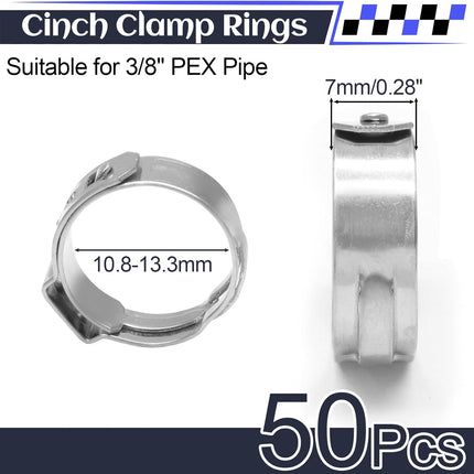 Biaungdo 50 Pcs 3/8 Inch PEX Cinch Clamps Crimp Rings, 304 Stainless Steel PEX Cinch Crimp Rings Pinch Clamps Single Ear Hose Clamp for PEX Tubing Pipe Fittings Connection