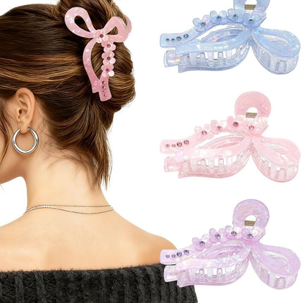 4.3" Acrylic Bow Hair Clips or Women Cute Bow Claw Clip 3PCS Large Hair Claw Clips or Thick or Long Hair Bows (Pink + Blue + Purple)