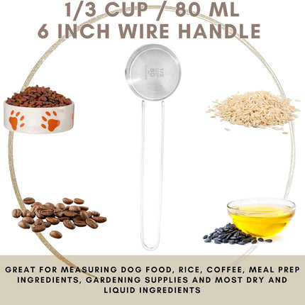 1/3 Cup Stainless Steel Measuring Cup, Long 6" Wire Loop Handle and Pour Spout | Sturdy Metal 80 ml | 80 cc | 3 oz | Single Cup or Wet and Dry Ingredients | Great or use as 1/3 Cup Dog ood Scoop
