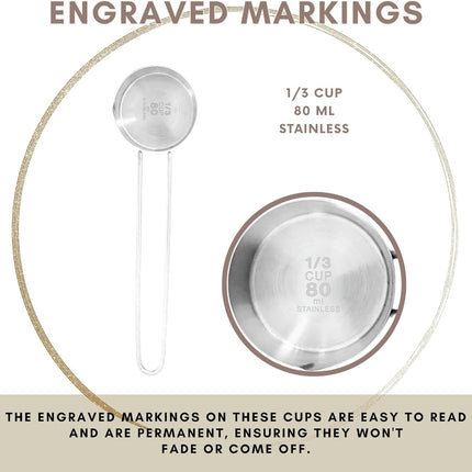 1/3 Cup Stainless Steel Measuring Cup, Long 6" Wire Loop Handle and Pour Spout | Sturdy Metal 80 ml | 80 cc | 3 oz | Single Cup or Wet and Dry Ingredients | Great or use as 1/3 Cup Dog ood Scoop