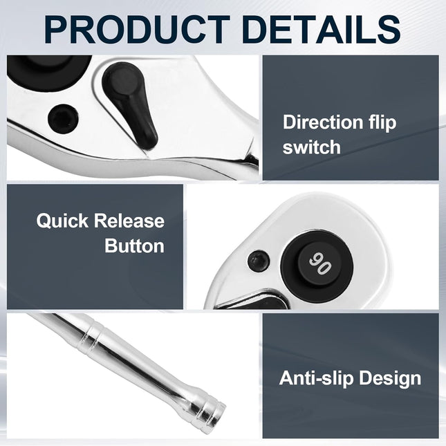 Biaungdo 1/4 Inch Drive Ratchet with 1/4 to 3/8 Adapter 90-Tooth Reversible Quick-release Ratchet Wrench – product detail