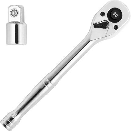Biaungdo 1/4 Inch Drive Ratchet with 1/4" to 3/8" Adapter, 90-Tooth Reversible Quick-release Ratchet Wrench, Chrome Alloy Socket Wrench Set