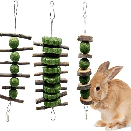 BallHull 3 Pcs Bunny Teeth Grinding Chew Toys, Apple Branch Chewing Sticks with Grass Ball and Grass Cake for Rabbits Bunnies Hamsters Guinea Pigs