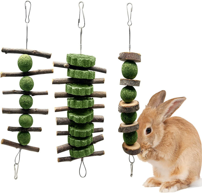 BallHull 3 Pcs Bunny Teeth Grinding Chew Toys Apple Branch Chewing Sticks with Grass Ball and Grass Cake