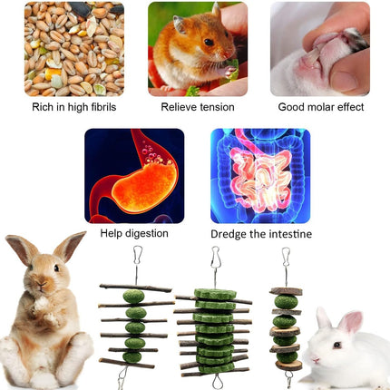 BallHull 3 Pcs Bunny Teeth Grinding Chew Toys, Apple Branch Chewing Sticks with Grass Ball and Grass Cake for Rabbits Bunnies Hamsters Guinea Pigs