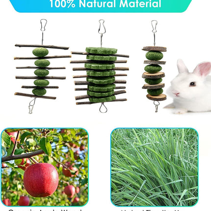BallHull 3 Pcs Bunny Teeth Grinding Chew Toys, Apple Branch Chewing Sticks with Grass Ball and Grass Cake for Rabbits Bunnies Hamsters Guinea Pigs