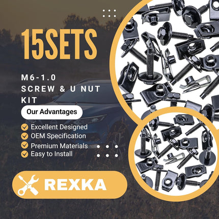 Rexka 15 Sets M6-1.0 Extruded U Nuts & Hex Head SEMS Body Bolts Kits for GM Ford Chevy Chrysler Jeep Dodge - Multipurpose - Bumper Fender Splash Shield Under Cover Hood Engine