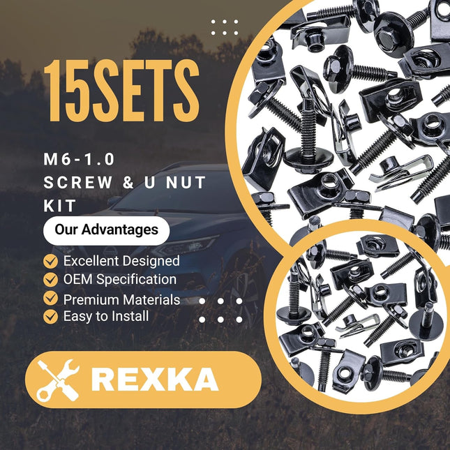 Rexka 15 Sets M6-1.0 Extruded U Nuts & Hex Head SEMS Body Bolts Kits for GM Ford Chevy Chrysler Jeep – product detail