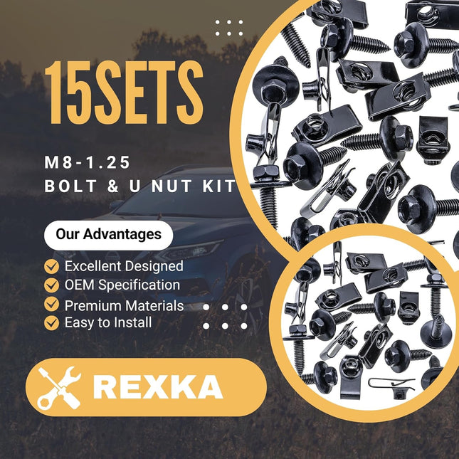 Rexka 15 Sets M8-1.25 Extruded U Nut & Body Bolts Screw Kits for GM Ford Chevy Buick GMC Cadilac Hummer – product detail