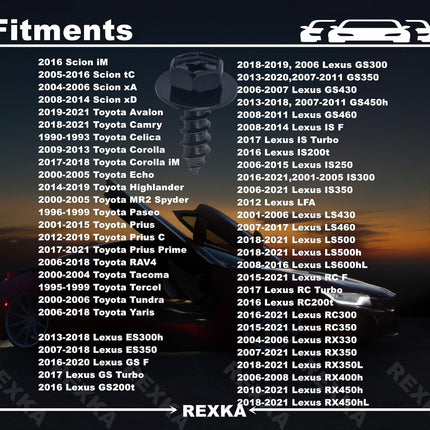 Rexka 20 Sets Bumper Cover Splash Shield Mud Guard Screw Bolt & Nylon Screw Grommet Nuts for Toyota Lexus 90159-60498 RAV4 Avalon Camry Highlander Prius ES300h GS350