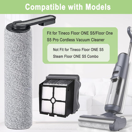 Brush and ilters Replacement Parts Accessories Compatible or Tineco loor ONE S5/loor One S5 Pro Cordless Vacuum Cleaner, 4 Roller Brushes, 4 ilters