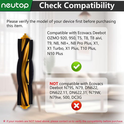 Brush Rollers Compatible with Ecovacs Deebot OZMO 920, 950, T5, T8 aivi, T9, N8 Pro, X1 Turbo/Plus, T10 Plus, N10, Robot Vacuums, 2-Pack.