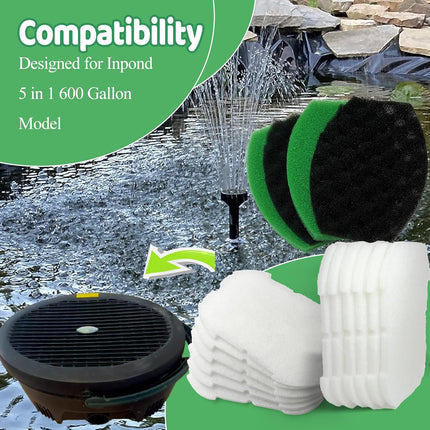 18 PCS Pond Filter Kits for Pennington Inpond 5 in 1 600 Gallon Model Water Pump, Includes 4 Foam Filter, 12 Polymer Woolfilter Mats, 2 Ceramic Media Rings Compatible with Aquagarden 600