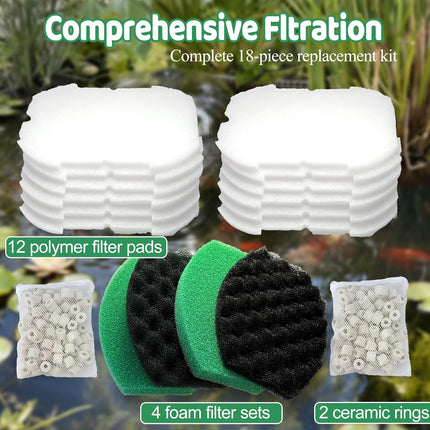 18 PCS Pond Filter Kits for Pennington Inpond 5 in 1 600 Gallon Model Water Pump, Includes 4 Foam Filter, 12 Polymer Woolfilter Mats, 2 Ceramic Media Rings Compatible with Aquagarden 600