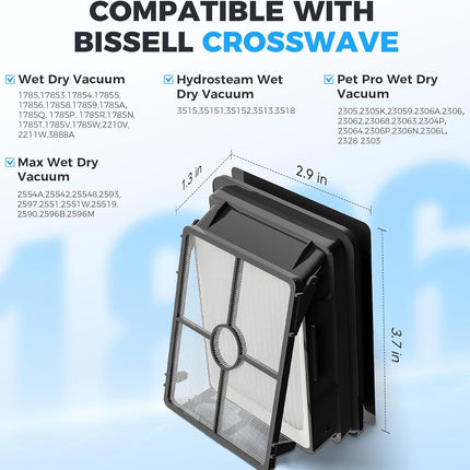 6 Pack 1866 ilters Compatible with Bissell Crosswave 3888A 1785 2210 2211 2304 2306 2551 2554 2590 2593 2596 CrossWave Cordless Max All in One Wet-Dry Vacuum Cleaner, Compare to Part # 1608684
