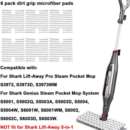 6 Pack Steam Mop Pads Replacement P184WQ or Shark Genius Steam Mop S5003D & Lit-Away Pro Steam Mop S3973 S3973D S3973WM S5001 S5002Q S5003A S5004 S5004W S6001W S6001WM S6002C S6003D S6003W