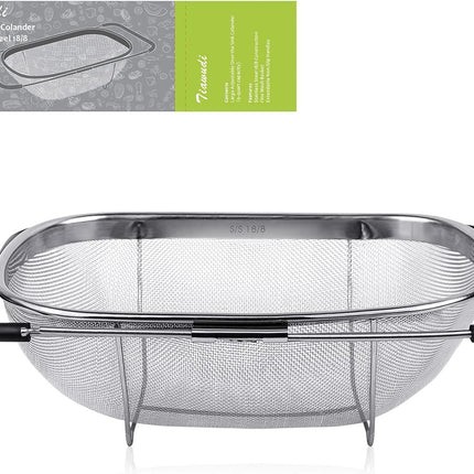 6-Quart Large Over The Sink Colander, Heavy Duty 40% Thicker 18/8 Stainless Steel ine Mesh Strainer Basket with Expandable Rubber Grip Handles - Strain, Drain, Rinse ruits, Vegetables