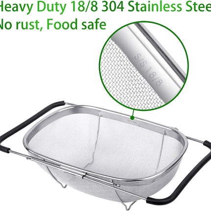6-Quart Large Over The Sink Colander, Heavy Duty 40% Thicker 18/8 Stainless Steel ine Mesh Strainer Basket with Expandable Rubber Grip Handles - Strain, Drain, Rinse ruits, Vegetables
