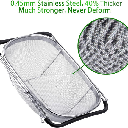 6-Quart Large Over The Sink Colander, Heavy Duty 40% Thicker 18/8 Stainless Steel ine Mesh Strainer Basket with Expandable Rubber Grip Handles - Strain, Drain, Rinse ruits, Vegetables