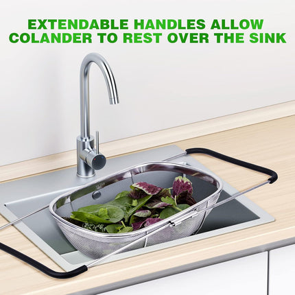 6-Quart Large Over The Sink Colander, Heavy Duty 40% Thicker 18/8 Stainless Steel ine Mesh Strainer Basket with Expandable Rubber Grip Handles - Strain, Drain, Rinse ruits, Vegetables
