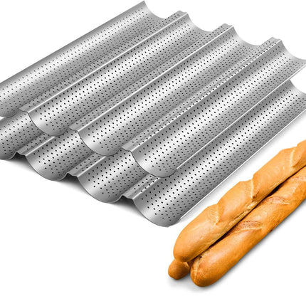 2 Pack Nonstick Perorated Baguette Pan 15" x 13" or rench Bread Baking 4 Wave Loaves Loa Bake Mold Oven Toaster Pan (Silver)