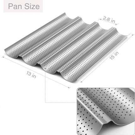 2 Pack Nonstick Perorated Baguette Pan 15" x 13" or rench Bread Baking 4 Wave Loaves Loa Bake Mold Oven Toaster Pan (Silver)