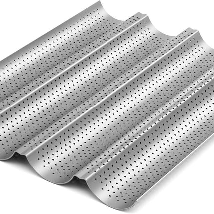 2 Pack Nonstick Perorated Baguette Pan 15" x 13" or rench Bread Baking 4 Wave Loaves Loa Bake Mold Oven Toaster Pan (Silver)