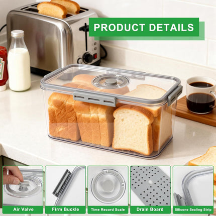 Plastic Bread Box or Kitchen Countertop, Airtight Bread Storage Container or Homemade Bread, Toast, Loa, Bagel, Donut and Cookies, Time Recording Bread Keeper, Dishwasher Sae