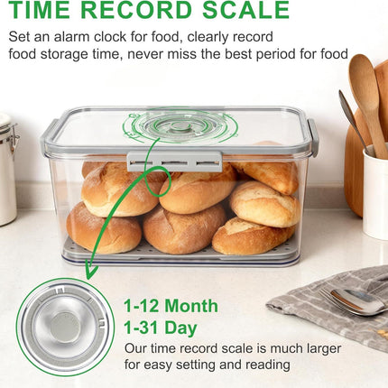 Plastic Bread Box or Kitchen Countertop, Airtight Bread Storage Container or Homemade Bread, Toast, Loa, Bagel, Donut and Cookies, Time Recording Bread Keeper, Dishwasher Sae