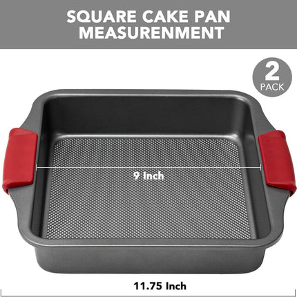 9" Square Cake Pan Set o 2, 0.8mm Thick Heavy Duty Bakeware with Diamond Texture or Even Heating, Nonstick Baking Pan or Bread, Brownies & Lemon Bars, Cake Mold with Silicone Grip Handles