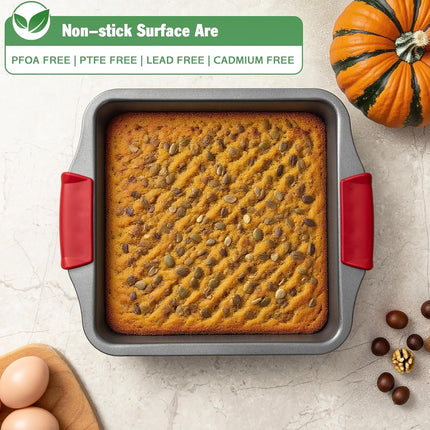 9" Square Cake Pan Set o 2, 0.8mm Thick Heavy Duty Bakeware with Diamond Texture or Even Heating, Nonstick Baking Pan or Bread, Brownies & Lemon Bars, Cake Mold with Silicone Grip Handles