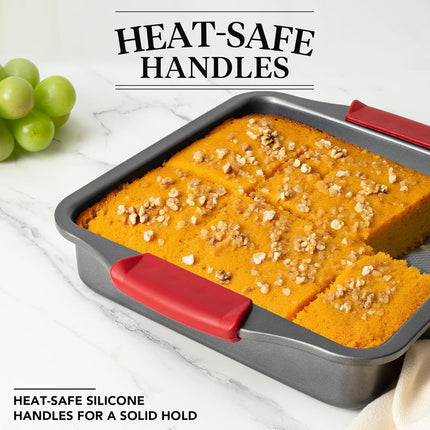 9" Square Cake Pan Set o 2, 0.8mm Thick Heavy Duty Bakeware with Diamond Texture or Even Heating, Nonstick Baking Pan or Bread, Brownies & Lemon Bars, Cake Mold with Silicone Grip Handles