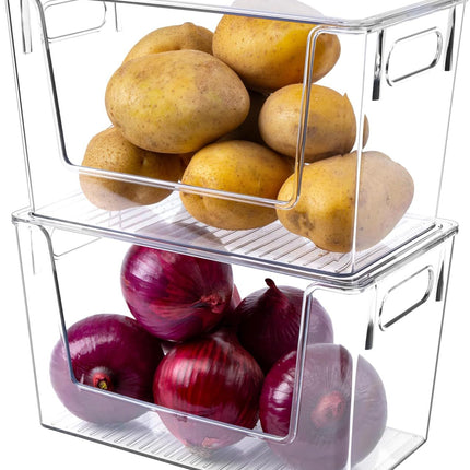 2 Pack Large Stackable Storage Bins, Plastic Container Organizer with Open ront, Pantry Organizers and Storage or Potato, Onion, ruit and Vegetable, Clear Kitchen Laundry Organizer with Lid