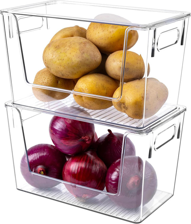 2 Pack Large Stackable Storage Bins Plastic Container Organizer with Open ront Pantry Organizers in Clear