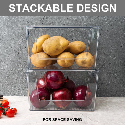 2 Pack Large Stackable Storage Bins, Plastic Container Organizer with Open ront, Pantry Organizers and Storage or Potato, Onion, ruit and Vegetable, Clear Kitchen Laundry Organizer with Lid