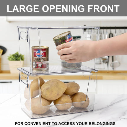 2 Pack Large Stackable Storage Bins, Plastic Container Organizer with Open ront, Pantry Organizers and Storage or Potato, Onion, ruit and Vegetable, Clear Kitchen Laundry Organizer with Lid