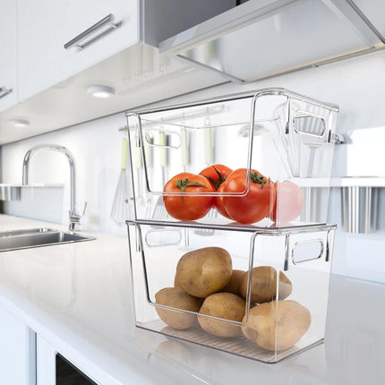 2 Pack Large Stackable Storage Bins, Plastic Container Organizer with Open ront, Pantry Organizers and Storage or Potato, Onion, ruit and Vegetable, Clear Kitchen Laundry Organizer with Lid