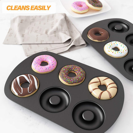 Non-Stick 6-Cavity Donut Baking Pans, Makes Individual ull-Sized 3 1/4" Donuts, Set o 3