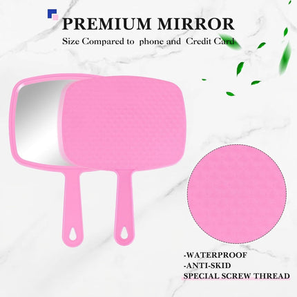 3 Pcs Hand Handheld Mirrors with Handle Bulk, Small Portable Salon Barber Hairdressing Vanity Cosmetic Mirror or Travel, Home, Square(9.17 x 6.53 Inch,Blue, White, Pink)