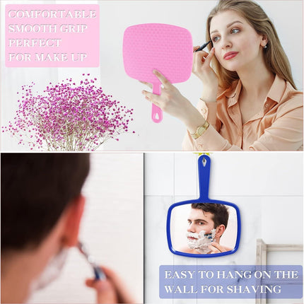 3 Pcs Hand Handheld Mirrors with Handle Bulk, Small Portable Salon Barber Hairdressing Vanity Cosmetic Mirror or Travel, Home, Square(9.17 x 6.53 Inch,Blue, White, Pink)