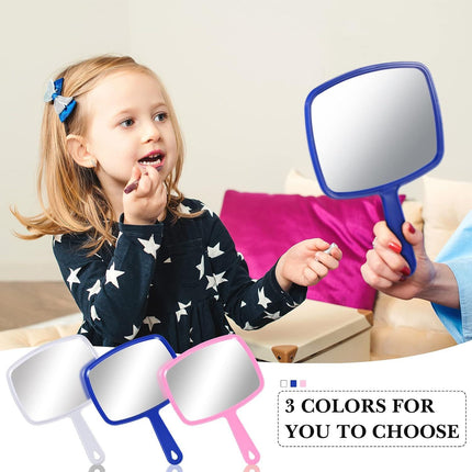 3 Pcs Hand Handheld Mirrors with Handle Bulk, Small Portable Salon Barber Hairdressing Vanity Cosmetic Mirror or Travel, Home, Square(9.17 x 6.53 Inch,Blue, White, Pink)
