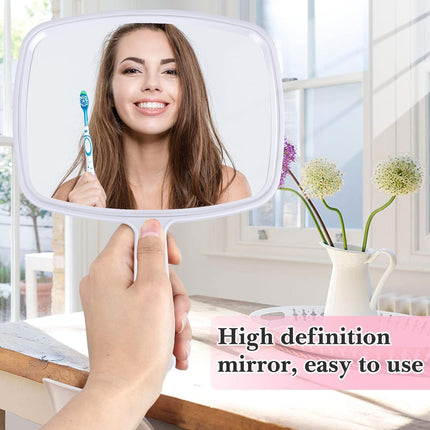 3 Pcs Hand Handheld Mirrors with Handle Bulk, Small Portable Salon Barber Hairdressing Vanity Cosmetic Mirror or Travel, Home, Square(9.17 x 6.53 Inch,Blue, White, Pink)