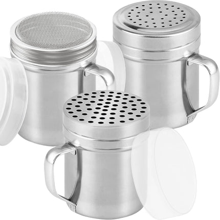 [Set o 3] 10oz Stainless Steel Dredges With Handle - ine Mesh + Medium Holes + Large Holes (or Coarse Seasonings)