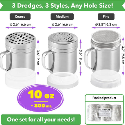 [Set o 3] 10oz Stainless Steel Dredges With Handle - ine Mesh + Medium Holes + Large Holes (or Coarse Seasonings)